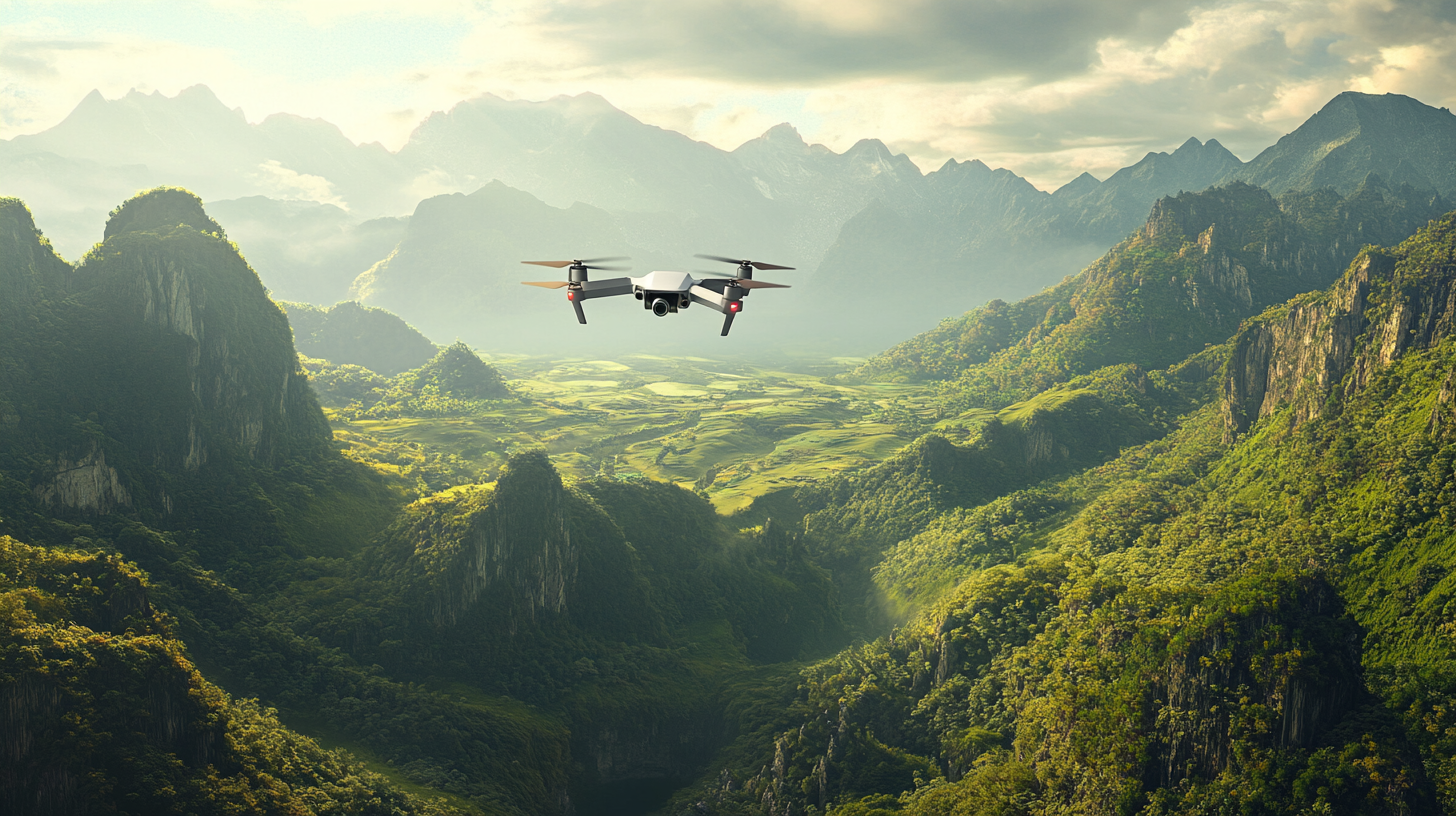 A drone is flying over a lush, green mountainous landscape. The scene is bathed in soft sunlight, highlighting the rolling hills and jagged peaks in the background. The sky is partly cloudy, adding depth to the serene and expansive view.