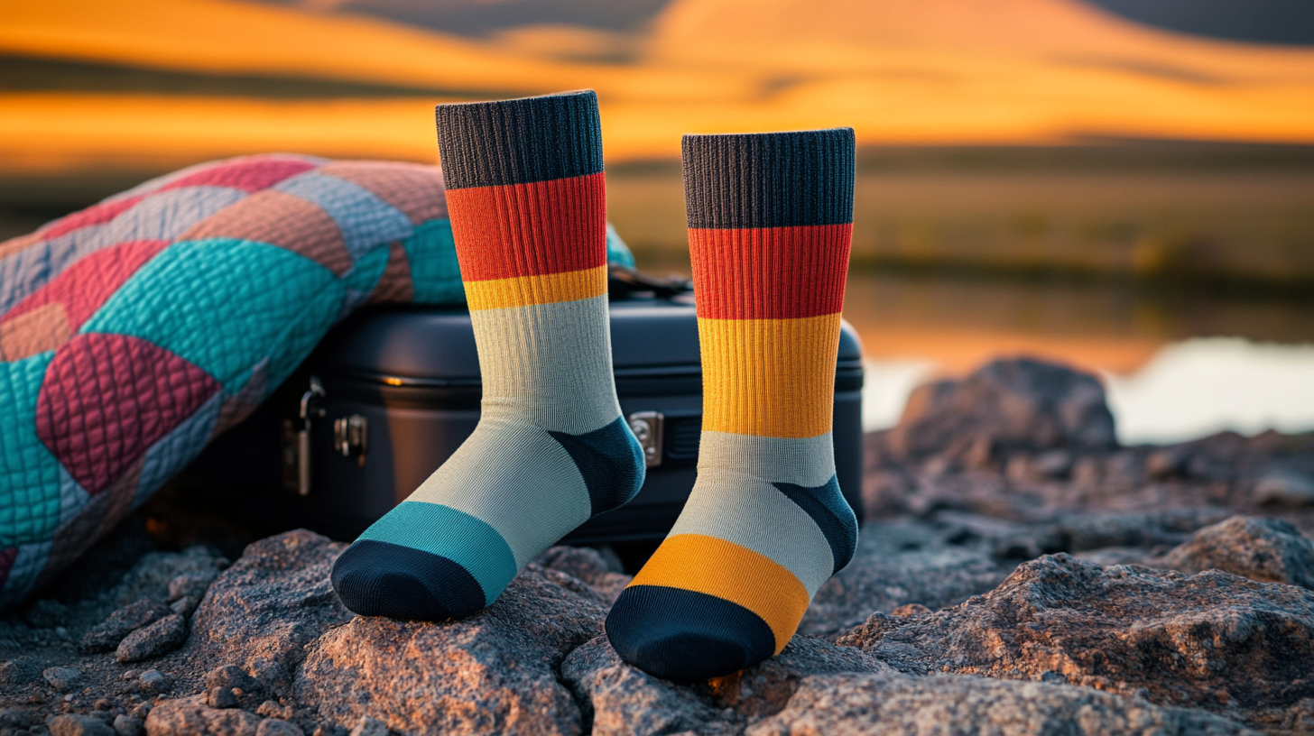 A pair of colorful, striped socks is standing upright on rocky terrain. Behind them, there is a black suitcase and a quilt with a patchwork design. The background features a blurred landscape with a warm, orange sunset sky.