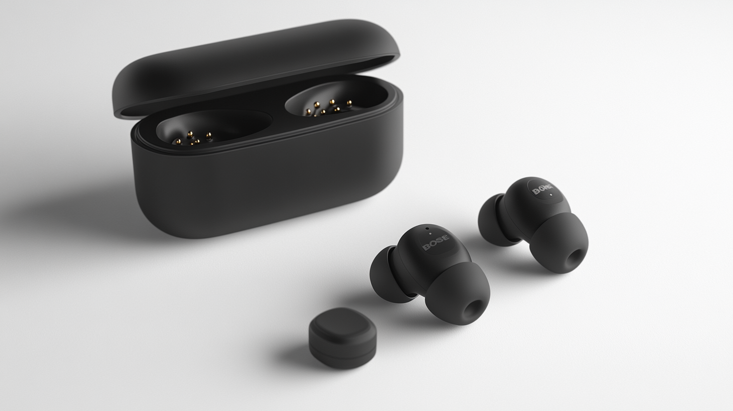 The image shows a pair of black wireless earbuds with a charging case. The earbuds are placed outside the open case, which has visible charging connectors inside. The brand name "Bose" is visible on the earbuds.