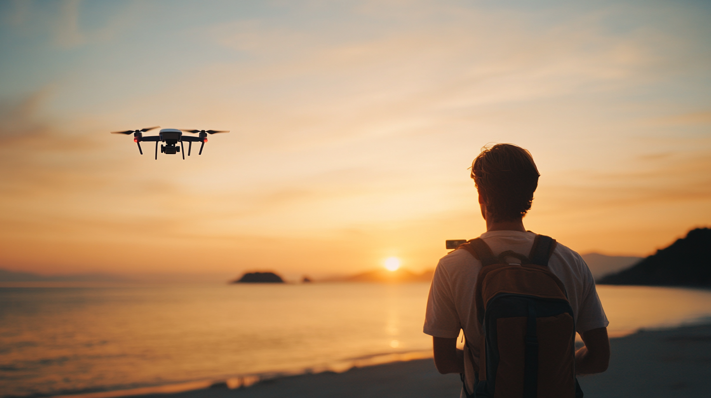 A person with a backpack is operating a drone at the beach during sunset. The sky is filled with warm colors, and the sun is near the horizon over the ocean.