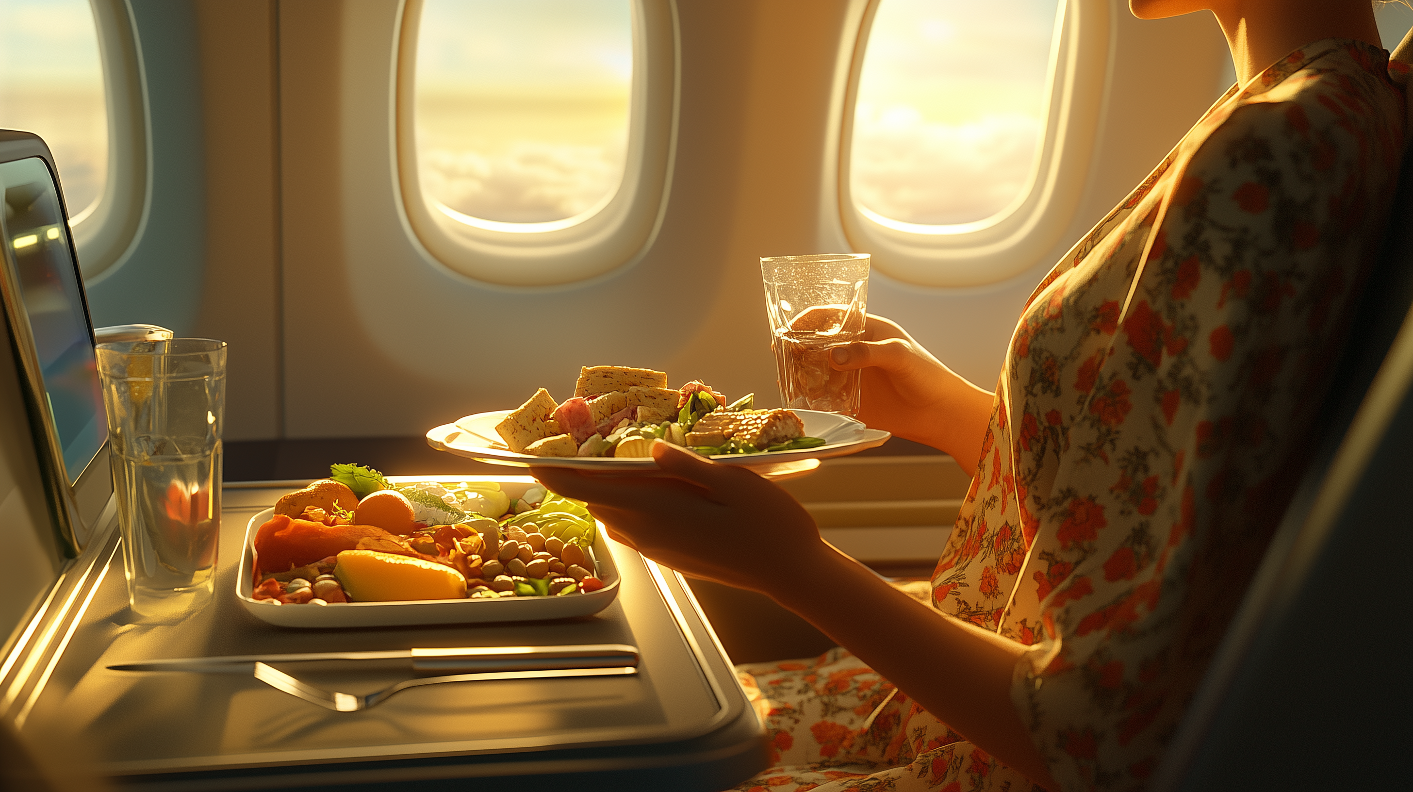 A person is sitting in an airplane seat, holding a glass of water and a plate of food. The tray table in front of them has a meal with various items, including fruits and vegetables. Sunlight is streaming through the airplane windows, creating a warm and inviting atmosphere.
