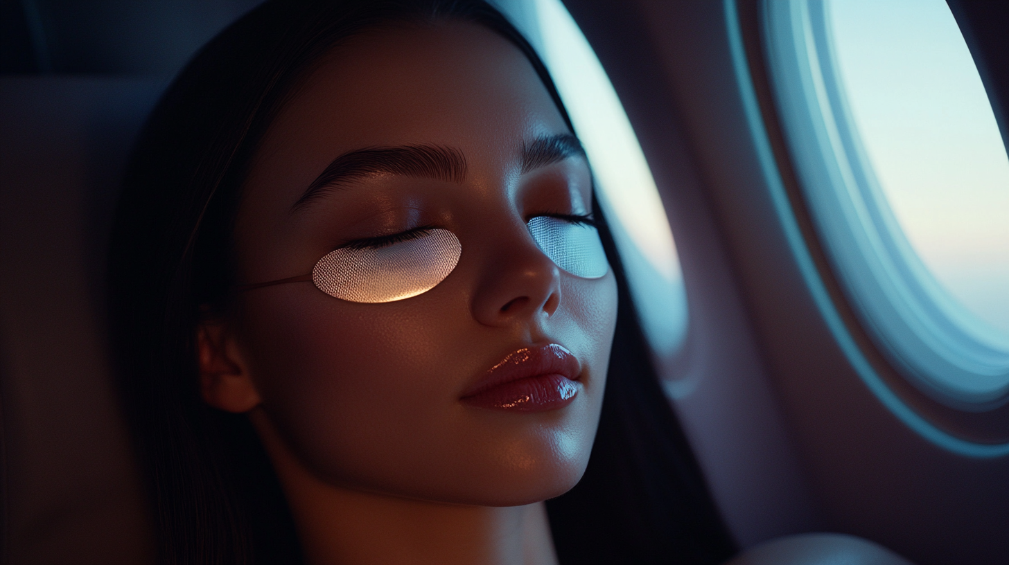 A person with long dark hair is sitting by an airplane window with their eyes closed. They are wearing under-eye patches and have a serene expression. The lighting is soft, highlighting their smooth skin and glossy lips.