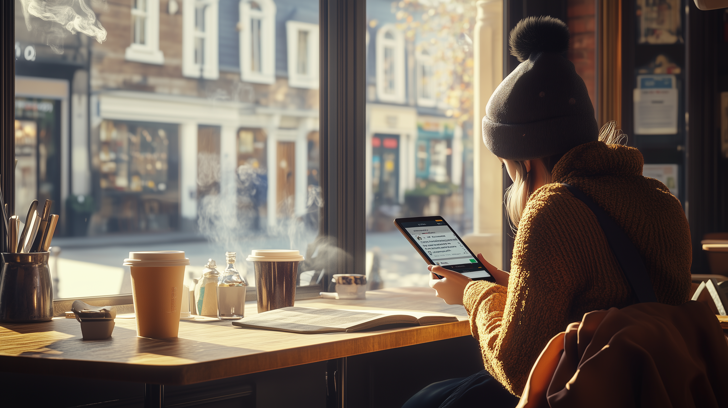 A person wearing a warm sweater and a beanie is sitting at a cafe table by a window. They are holding a tablet and appear to be reading or browsing. On the table, there are two takeaway coffee cups, an open book, and some condiments. The window offers a view of a street with shops and buildings in the background. Sunlight is streaming in, creating a cozy atmosphere.