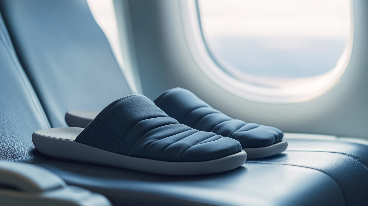 A pair of dark blue, padded slippers is placed on an airplane seat next to a window. The seat and window frame are also blue, creating a cohesive color scheme. The scene suggests a comfortable travel setting.