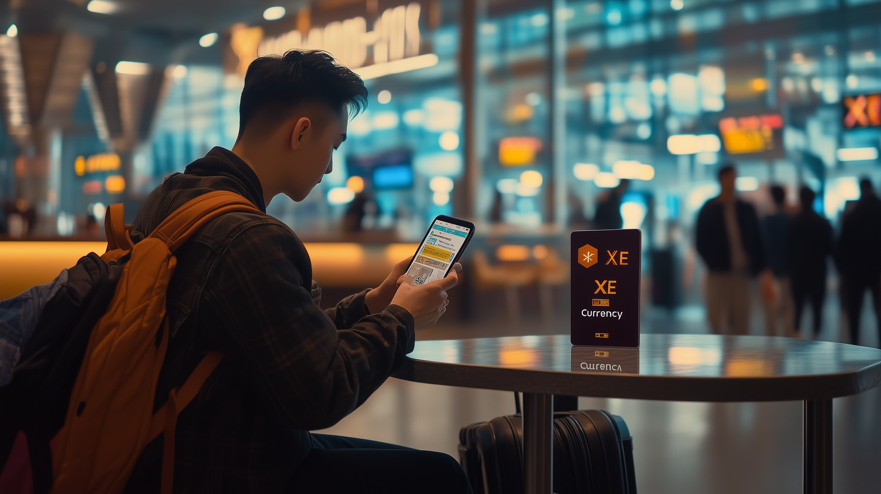 A person is sitting at a table in an airport terminal, looking at their smartphone. They have a backpack and a suitcase nearby. The background is blurred, showing people walking and signs with the text "XE Currency." The atmosphere is busy and modern.