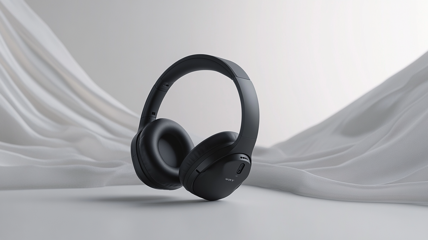 The image shows a pair of black over-ear headphones placed on a smooth, light-colored surface. The background features soft, flowing white fabric, creating an elegant and minimalist setting.