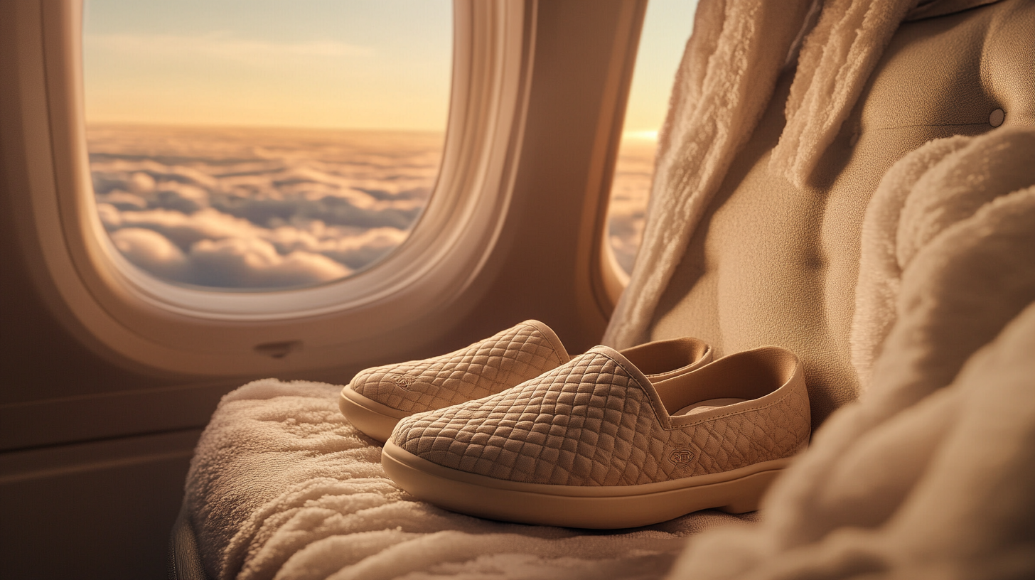 A pair of quilted slippers is placed on a plush seat inside an airplane. The window shows a view of clouds and a warm, golden sunset sky. The scene conveys a sense of comfort and luxury during air travel.