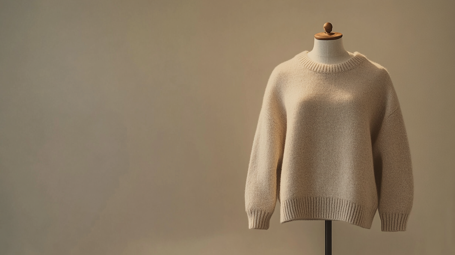 A beige knitted sweater is displayed on a mannequin against a plain, neutral background. The sweater has a round neckline and long sleeves, with ribbed cuffs and hem.