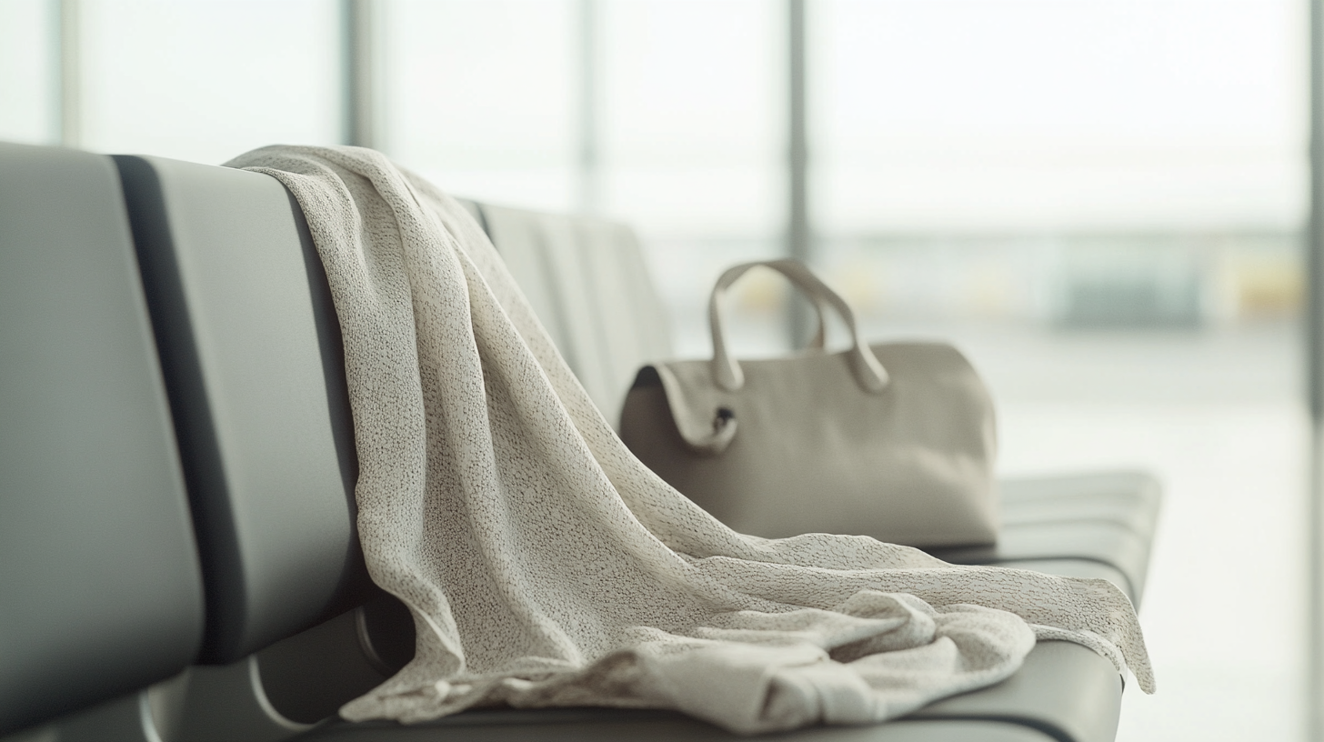 A light-colored scarf is draped over a row of gray airport seats, with a beige handbag placed on the seat next to it. The background is softly blurred, suggesting a spacious, well-lit area.