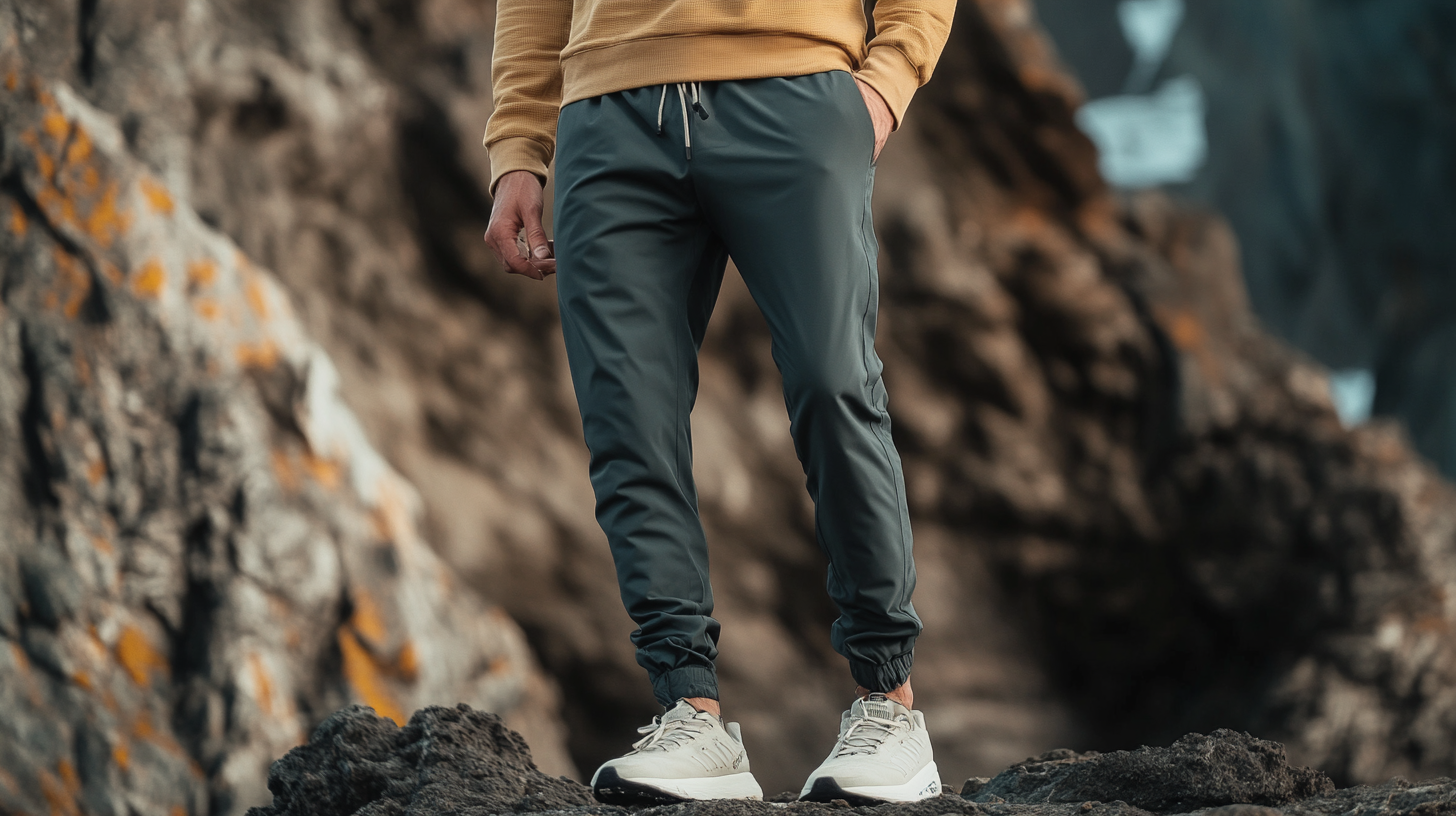 A person is standing on rocky terrain, wearing a mustard-colored sweatshirt, dark gray jogger pants, and light gray sneakers. The background features large, textured rocks.