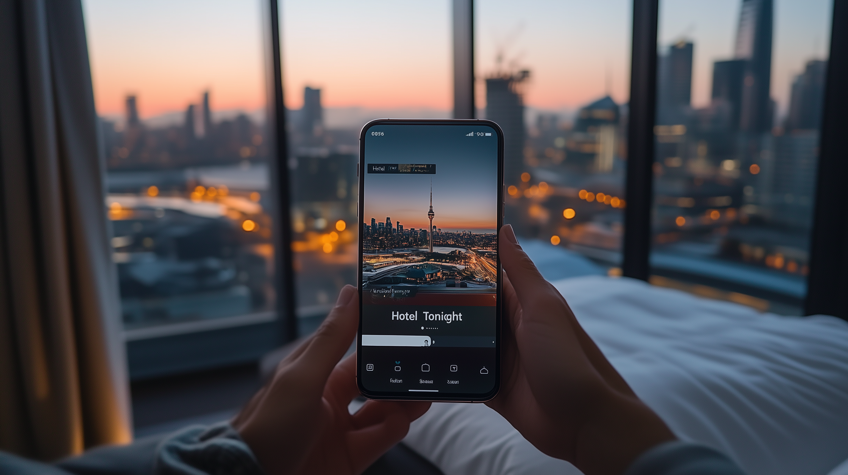 A person is holding a smartphone in a hotel room with a cityscape view at sunset. The phone screen displays a hotel booking app with an image of a city skyline featuring a prominent tower. The room has large windows overlooking the city, with lights starting to illuminate the buildings.