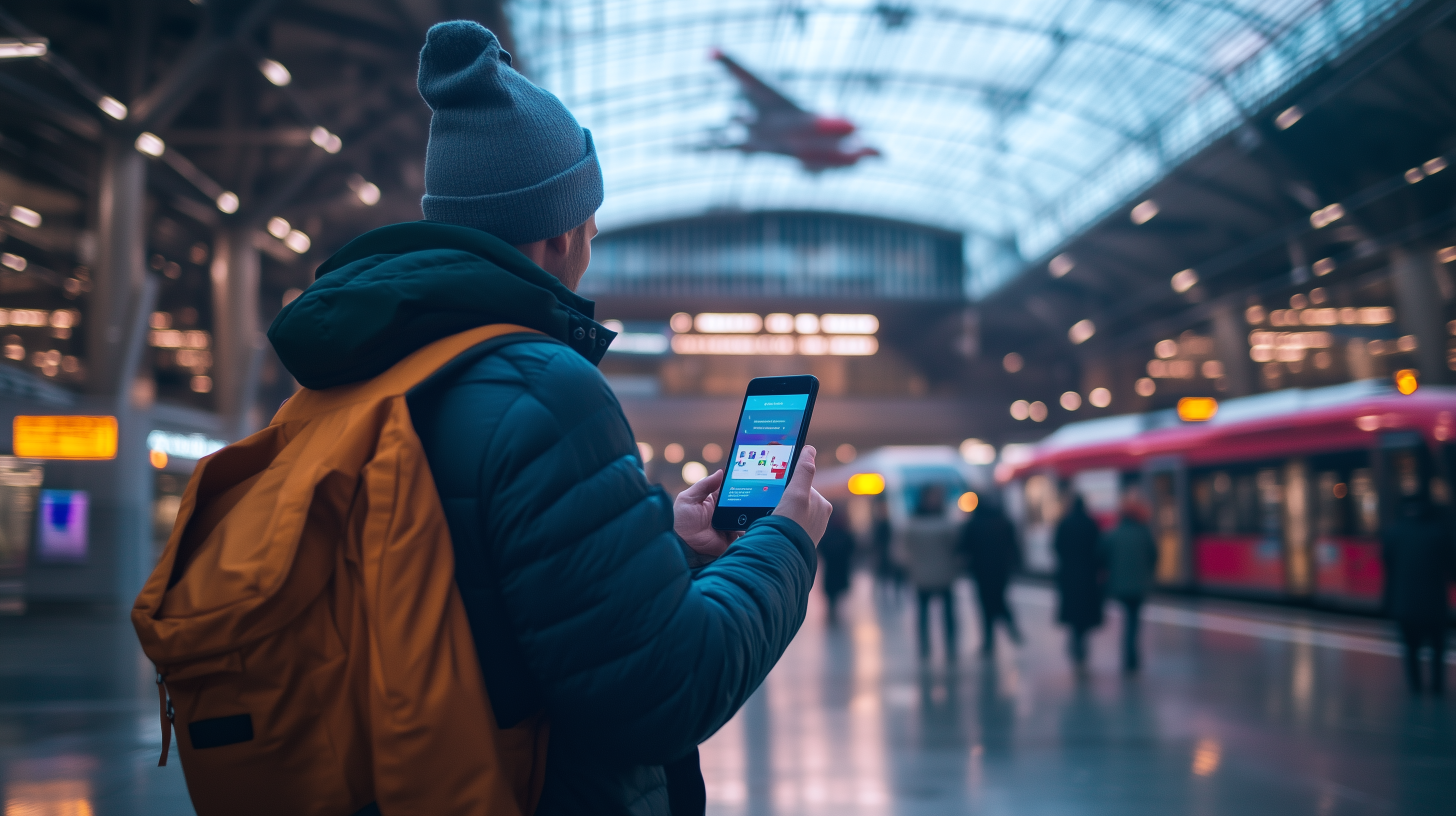 A person wearing a beanie and a backpack is standing in a train station, holding a smartphone. The station has a high, arched ceiling with a model airplane hanging from it. There are trains on either side and people walking in the background. The smartphone screen is visible, displaying an app interface.