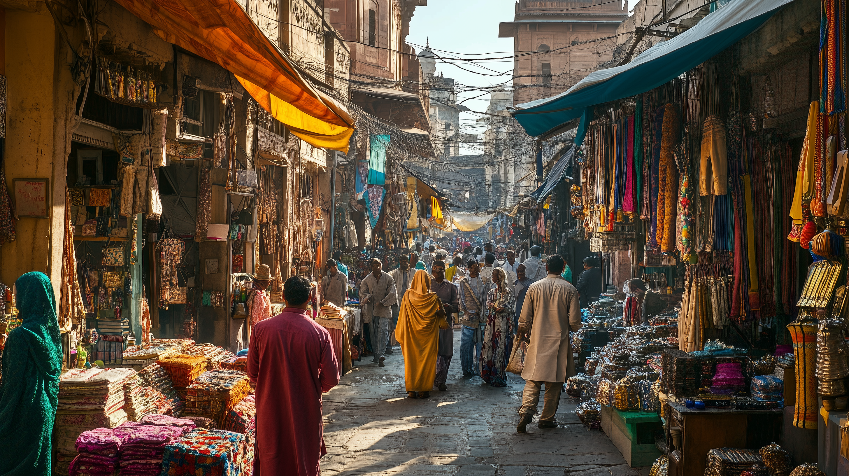 A bustling market street filled with people walking and shopping. The street is lined with stalls displaying colorful fabrics, textiles, and various goods. The scene is vibrant, with a mix of traditional clothing worn by the shoppers and vendors. Overhead, there are awnings and hanging wires, adding to the busy atmosphere of the market. The architecture in the background suggests an older, historic area.