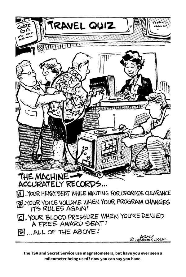 A cartoon depicts a scene at an airport gate labeled "Gate 6A." A sign above reads "Travel Quiz." Several people are interacting with a machine that resembles a polygraph, operated by a person behind a counter. The machine is connected to a man with a Hawaiian shirt. Below, text humorously describes the machine's functions: A) Records your heartbeat while waiting for upgrade clearance. B) Records your voice volume when your program changes its rules again. C) Records your blood pressure when you're denied a free award seat. D) All of the above. A caption at the bottom reads: "The TSA and Secret Service use magnetometers, but have you ever seen a mileometer being used? Now you can say you have."