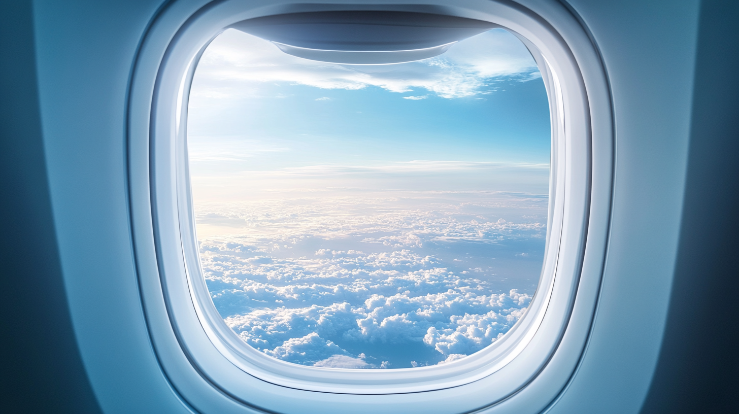 View from an airplane window showing a clear blue sky and fluffy white clouds below.