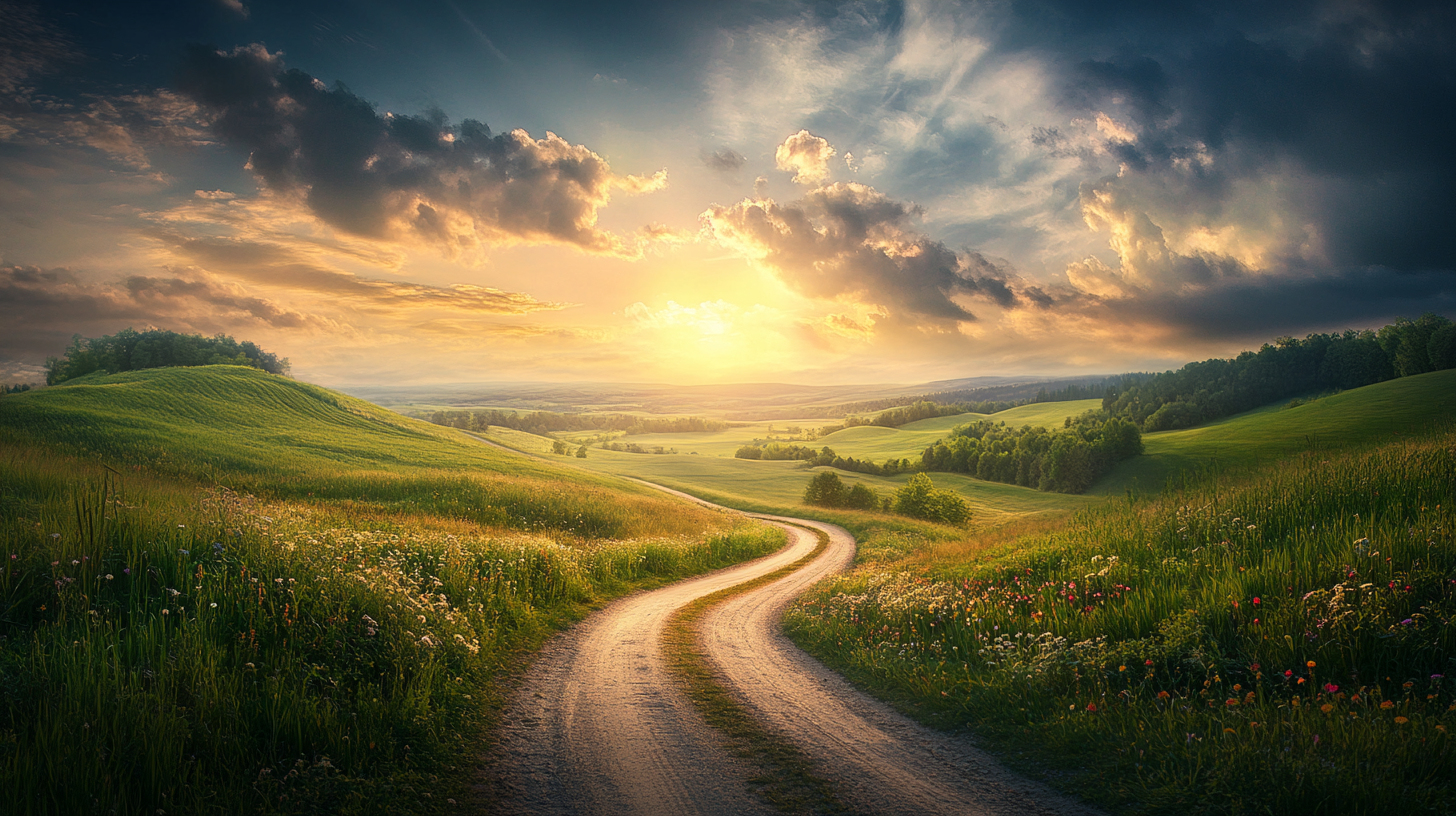 A winding dirt path leads through a lush, green landscape with rolling hills and wildflowers. The sky is dramatic, with dark clouds and a bright, golden sunset casting warm light over the scene.