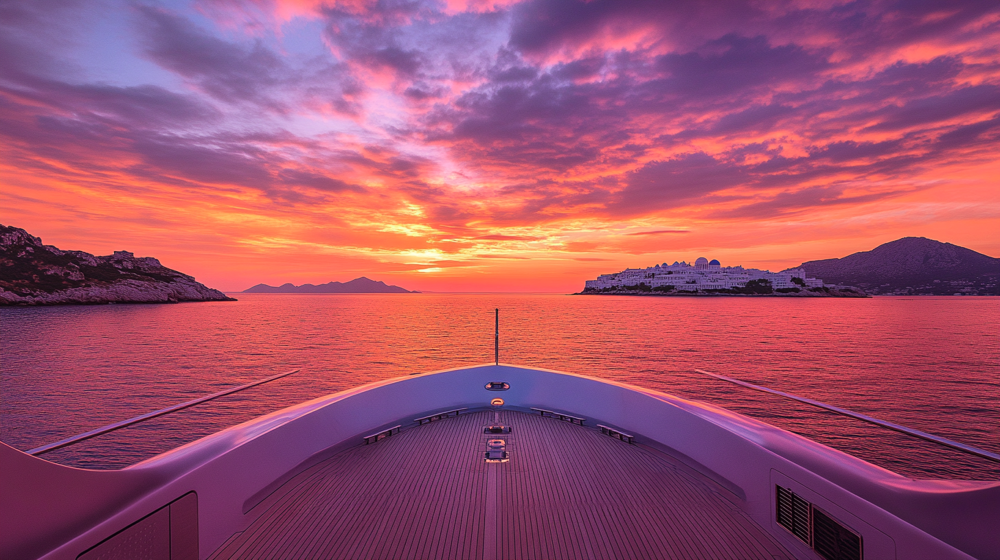 The image shows the bow of a yacht facing a vibrant sunset over the ocean. The sky is filled with dramatic pink, orange, and purple hues. On the horizon, there are silhouettes of islands or coastal landforms, with one featuring a cluster of buildings. The water reflects the colors of the sky, creating a serene and picturesque scene.