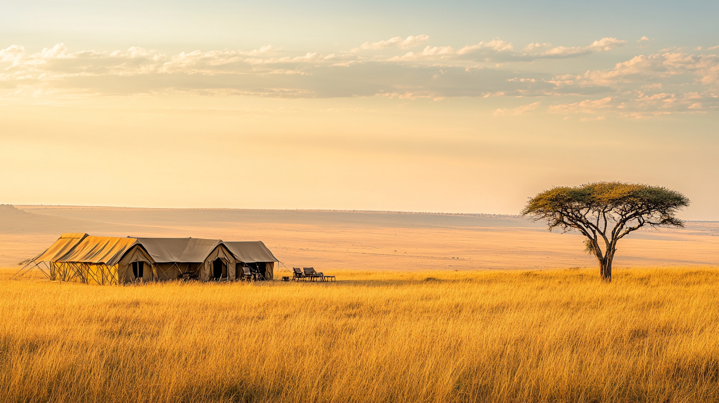 A serene landscape of a savanna at sunset, featuring a large tented camp on the left and a solitary acacia tree on the right. The scene is bathed in warm golden light, with tall grasses covering the ground and a vast, open horizon in the background.