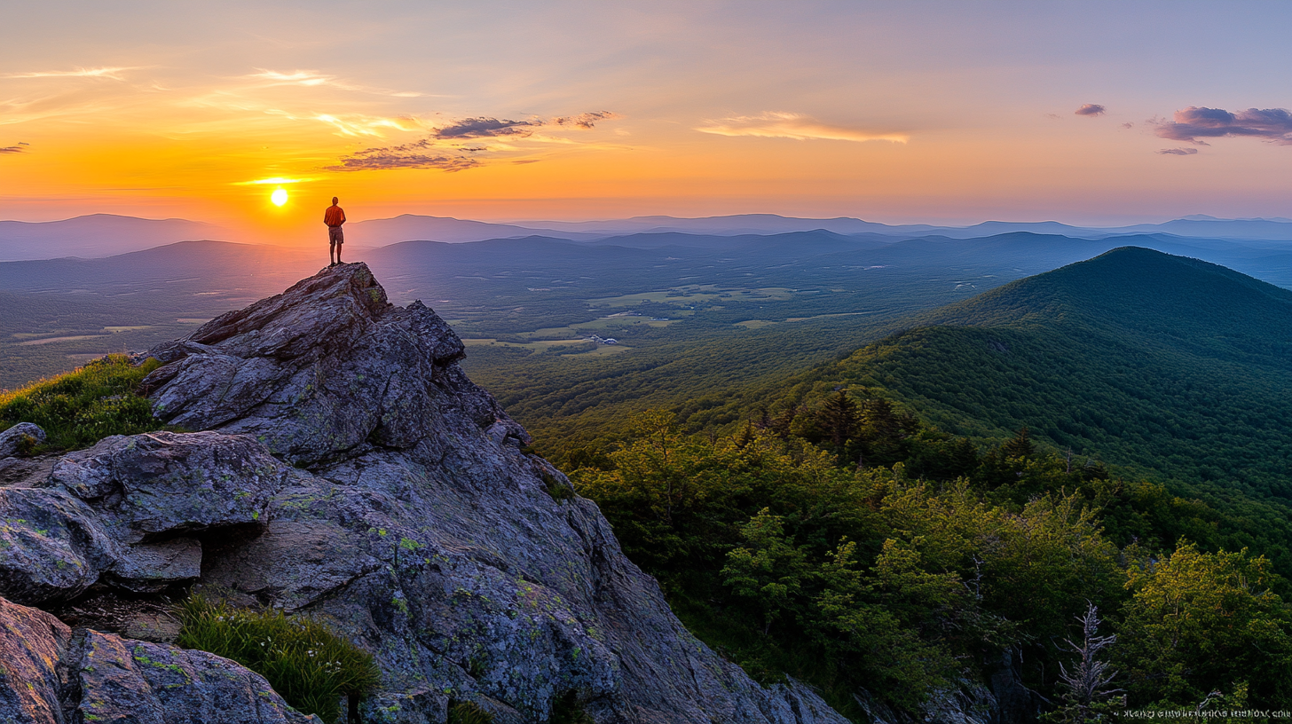 A person stands on a rocky cliff, overlooking a vast landscape of rolling hills and forests during sunset. The sky is painted with vibrant hues of orange, pink, and purple as the sun sets on the horizon, casting a warm glow over the scene.