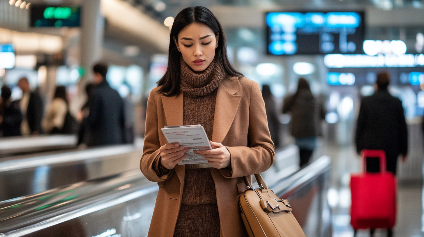 A woman is standing in an airport terminal, holding a boarding pass and looking at it intently. She is wearing a brown coat and a matching turtleneck sweater, and carrying a tan handbag. In the background, there are people walking and digital flight information displays. A red suitcase is visible on the right side.