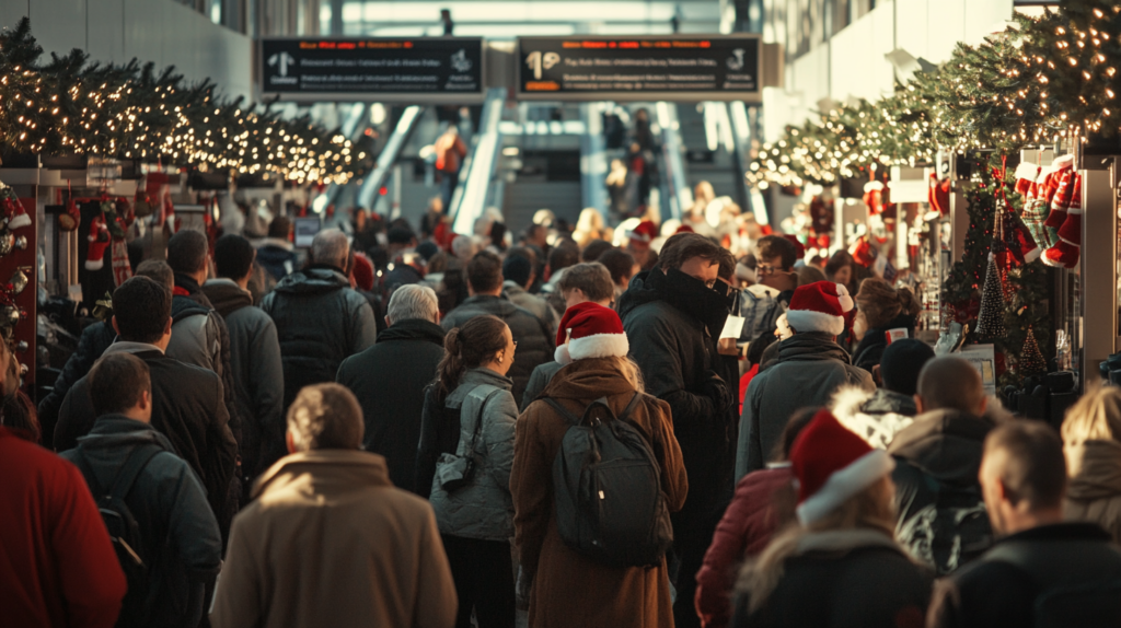 A crowded airport terminal decorated for the holiday season. People are walking through the terminal, some wearing Santa hats. The area is adorned with festive lights and garlands, and there are Christmas stockings hanging on the walls. Signs above indicate directions and flight information.