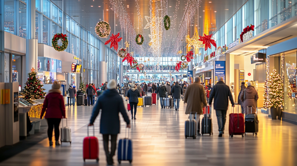 A busy airport terminal decorated for the holiday season. People are walking with suitcases, and the ceiling is adorned with festive lights, wreaths, and red bows. Christmas trees with lights are visible along the sides, and various shops line the terminal.