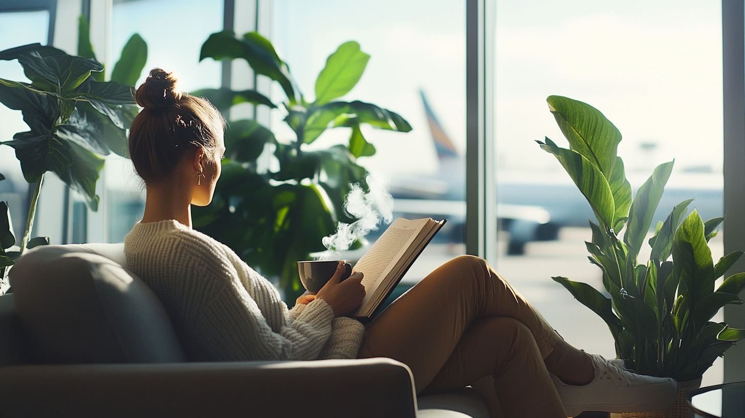 A person is sitting in a cozy chair by a large window, holding a steaming cup and reading a book. They are surrounded by lush green plants, and an airplane is visible outside the window, suggesting an airport setting. The person is wearing a white sweater and has their hair in a bun.