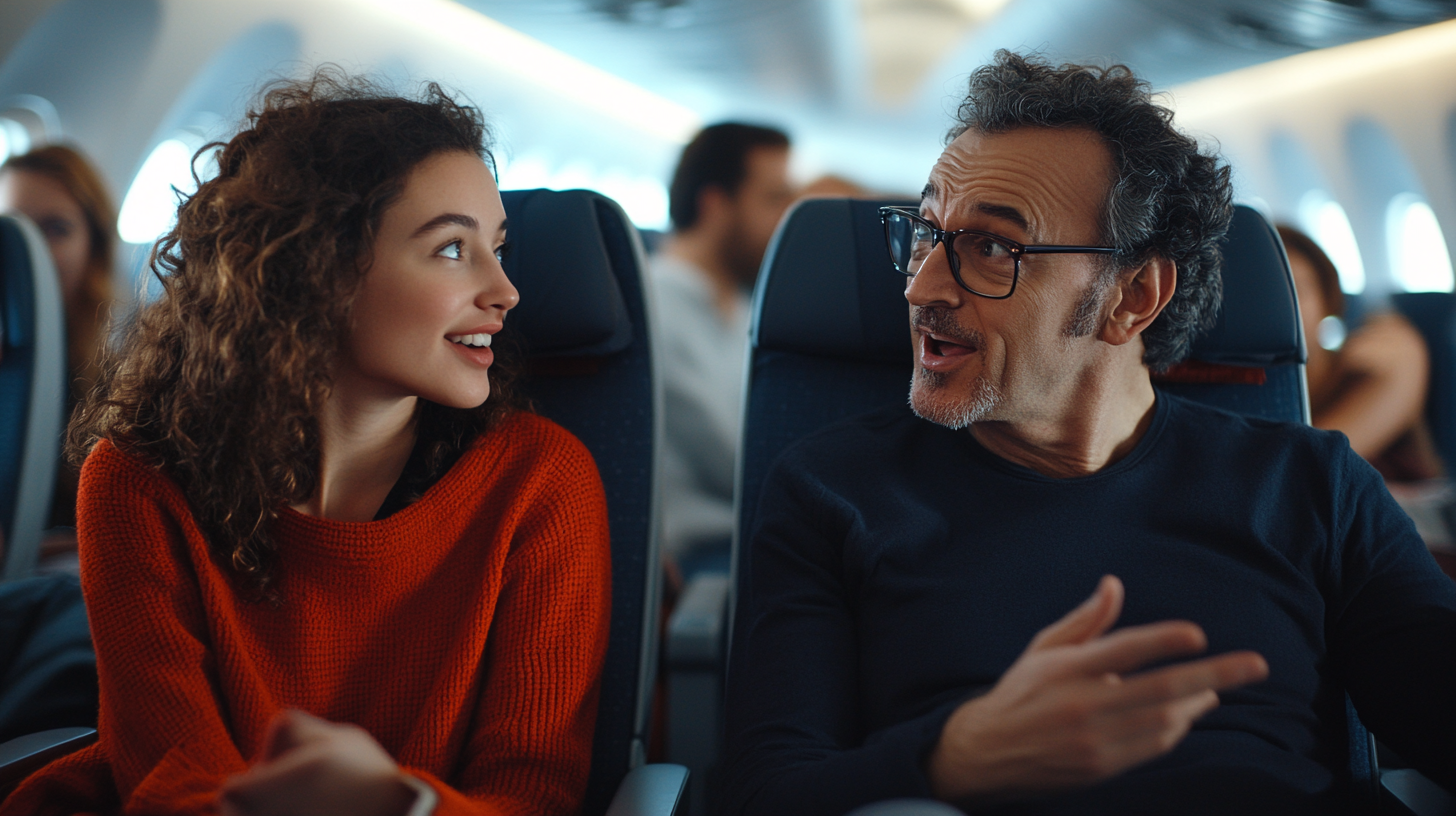 A young woman and an older man are sitting next to each other on an airplane, engaged in a lively conversation. The woman is wearing a red sweater and has curly hair, while the man has glasses and a beard. They both appear to be enjoying the discussion, with the man gesturing as he speaks. The airplane cabin is visible in the background.