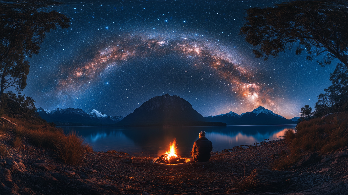 A person sits by a campfire on a rocky lakeshore, gazing at the night sky. The Milky Way is prominently visible, arching over a mountain range reflected in the calm water. Trees and grass frame the scene, creating a serene and contemplative atmosphere.