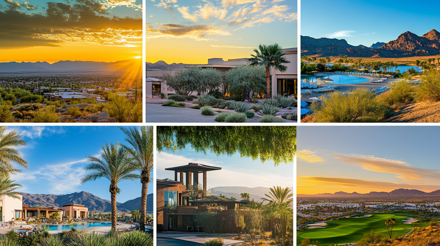 A collage of six images showcasing a desert resort setting. The top left image features a sunset over a city with mountains in the background. The top middle image shows a modern building surrounded by desert landscaping. The top right image depicts a pool area with mountains in the distance. The bottom left image displays a pool with palm trees and mountains. The bottom middle image shows a contemporary building with trees and mountains. The bottom right image features a golf course with a sunset and mountains in the background.