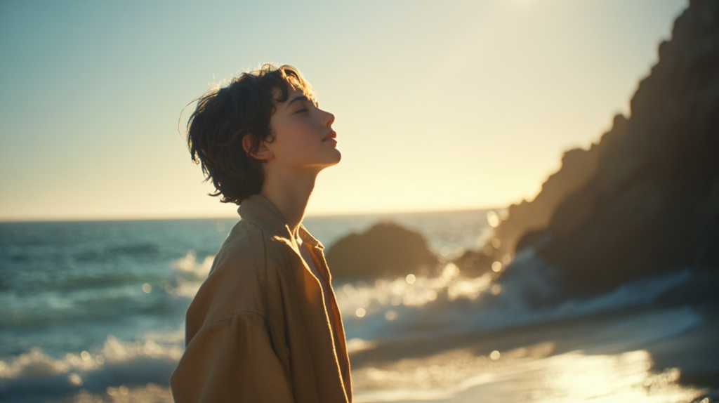 A person with short hair is standing on a beach, facing the sun with eyes closed, appearing relaxed. The ocean waves are gently crashing on the shore, and the sun is setting, casting a warm glow over the scene.