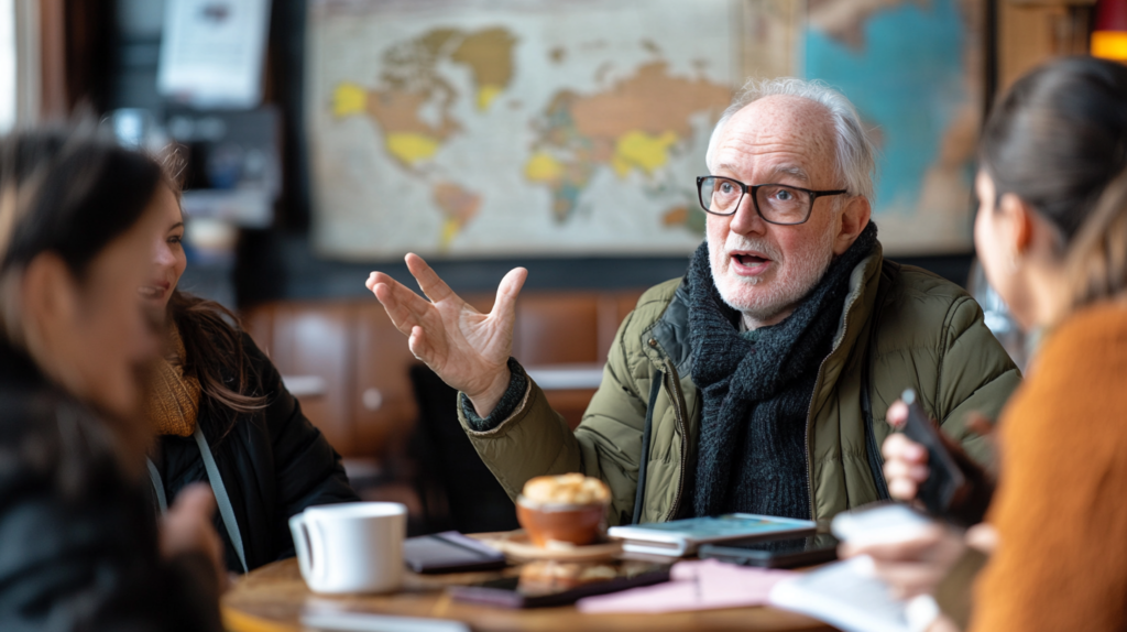 A group of people is sitting around a table in a cozy setting, engaged in a lively conversation. An older man with glasses and a beard is speaking animatedly, gesturing with his hand. He is wearing a green jacket and a black scarf. The table has a cup, a bowl of food, and some notebooks or books. In the background, there is a blurred world map on the wall.