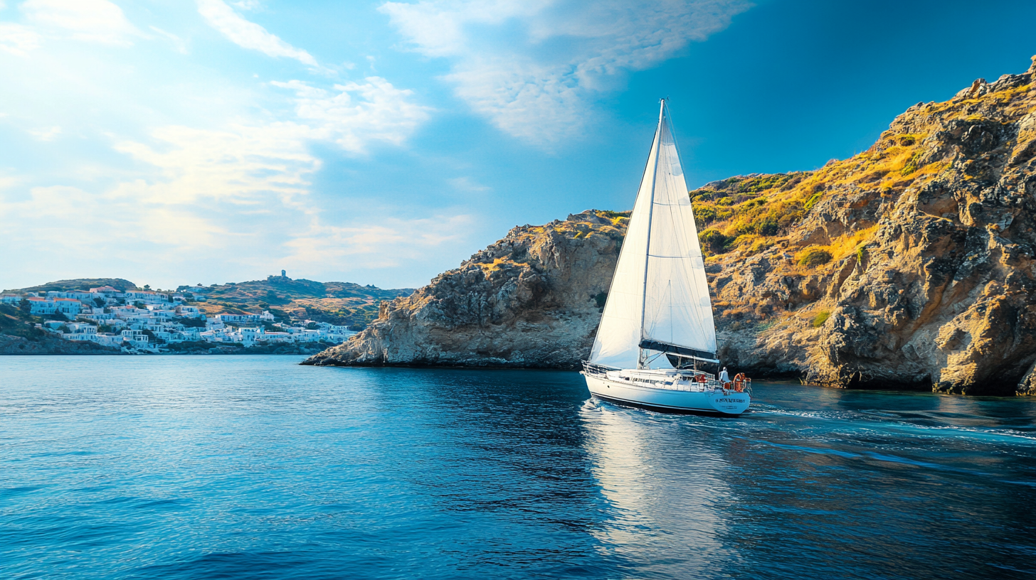 A sailboat with white sails is gliding through calm blue waters near a rocky coastline. In the background, there is a hillside with white buildings, possibly a coastal village, under a partly cloudy sky.