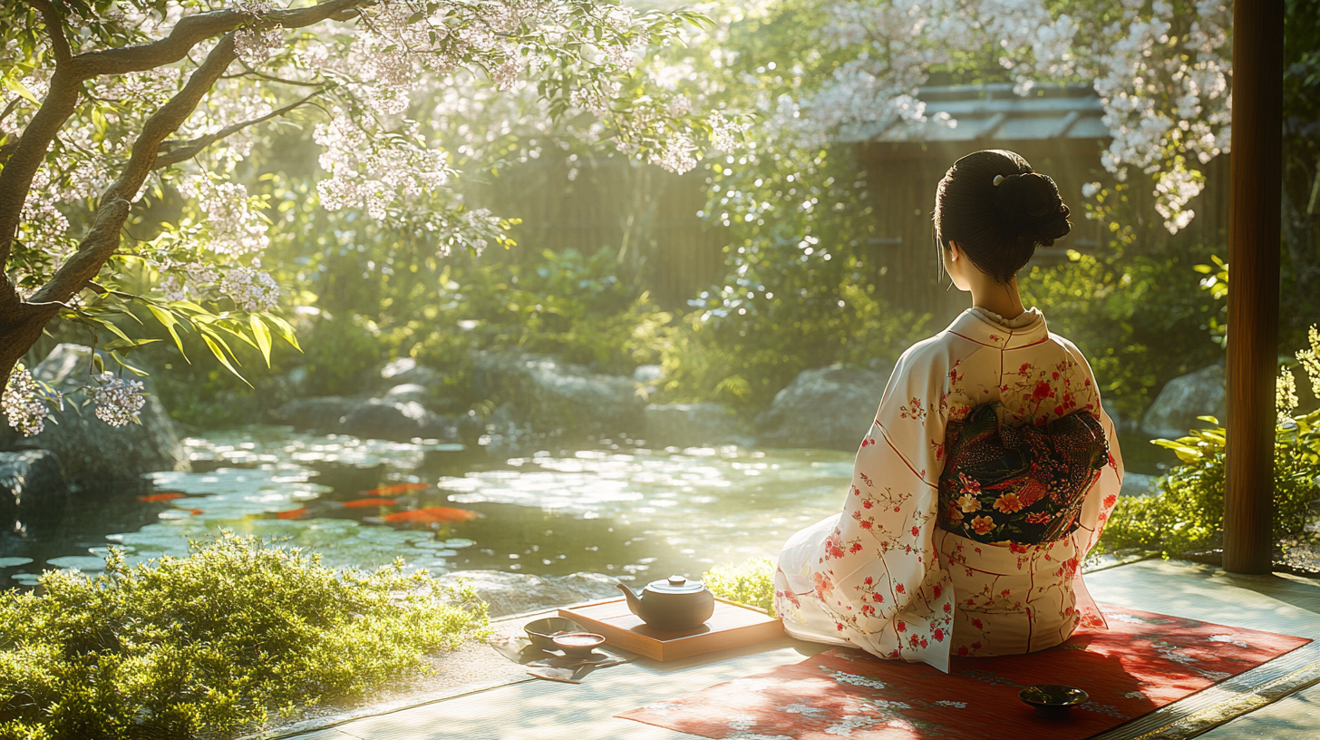 A person wearing a floral kimono is sitting on a mat in a serene Japanese garden. They are facing a pond with koi fish and surrounded by lush greenery and blooming cherry blossoms. Sunlight filters through the trees, creating a peaceful atmosphere. A tea set is placed on a tray beside them.