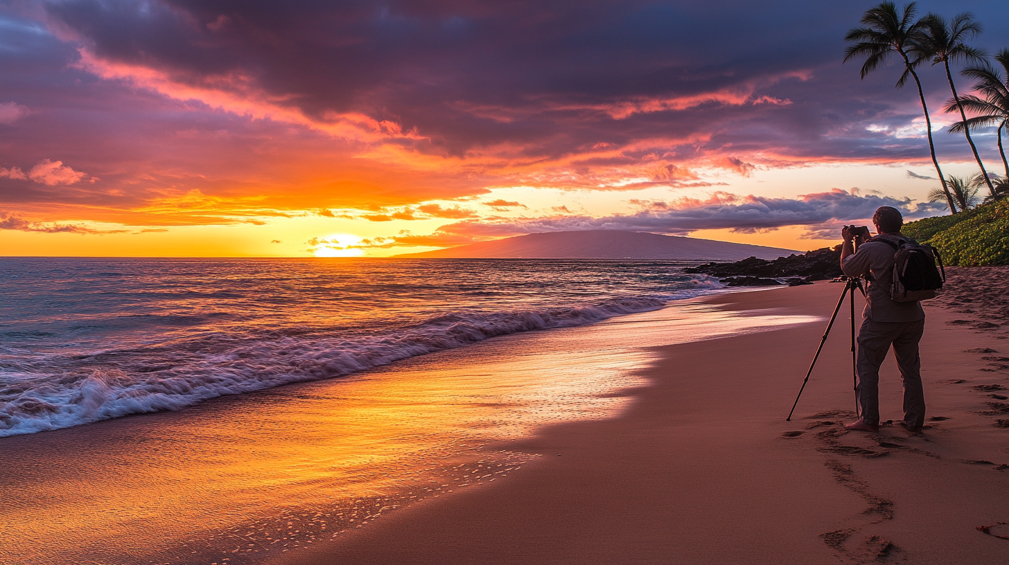 A photographer is standing on a sandy beach at sunset, capturing the vibrant colors of the sky and ocean. The sky is filled with dramatic clouds in shades of orange, pink, and purple. Palm trees are visible on the right side, and the sun is setting near the horizon, casting a warm glow on the water and sand.