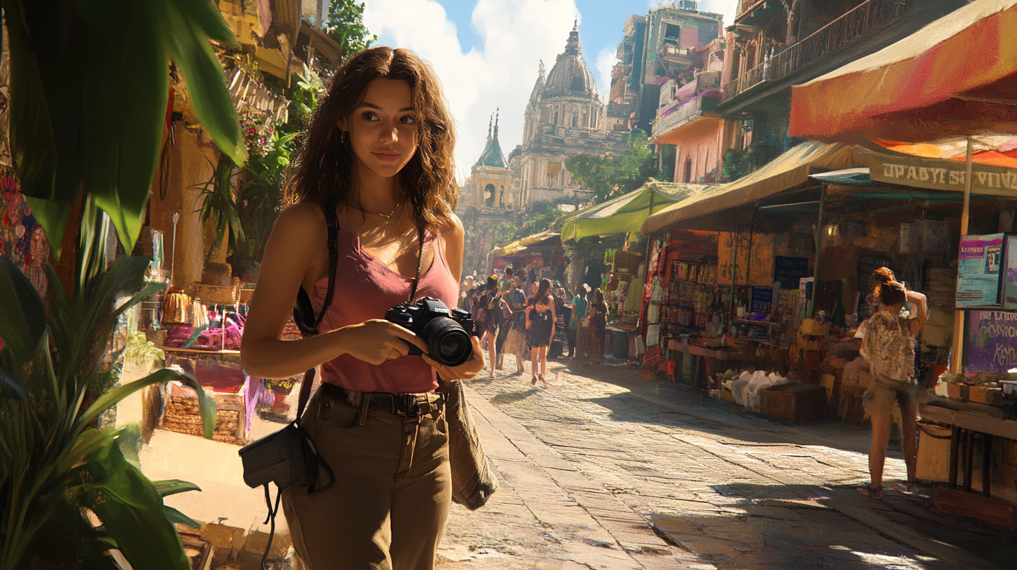 A woman is standing in a vibrant, sunlit street market, holding a camera. She is wearing a pink tank top and beige pants, with a bag slung over her shoulder. The market is bustling with people and colorful stalls, and a historic building with domes is visible in the background. Lush green plants frame the scene.