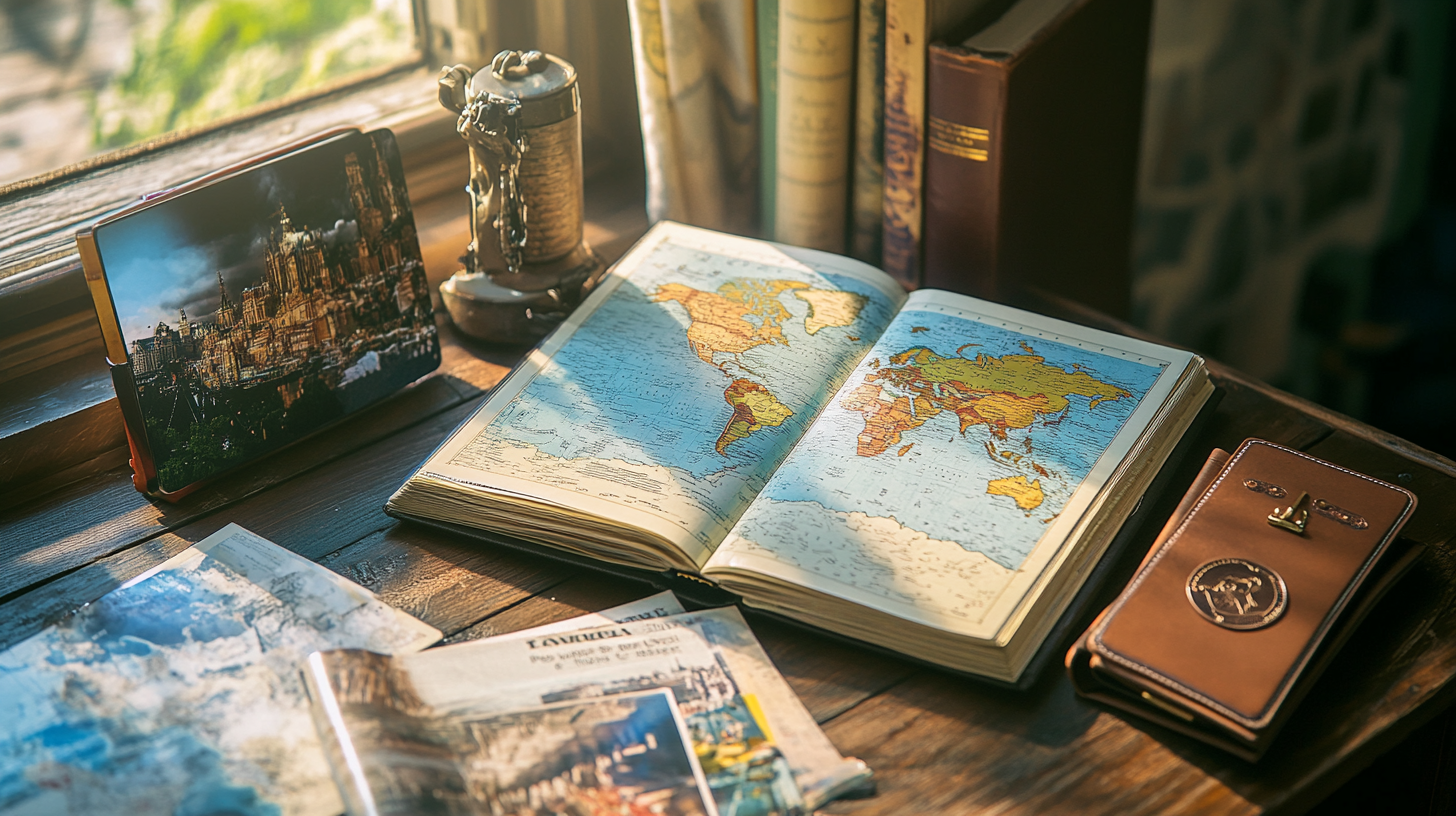 The image shows a cozy study scene with an open world atlas displaying a map of the continents. Nearby, there is a leather-bound notebook with a clasp, a framed photograph of a cityscape, and a few scattered papers and maps. The setting is warmly lit by sunlight streaming through a window, and there are books and a decorative object on the windowsill.