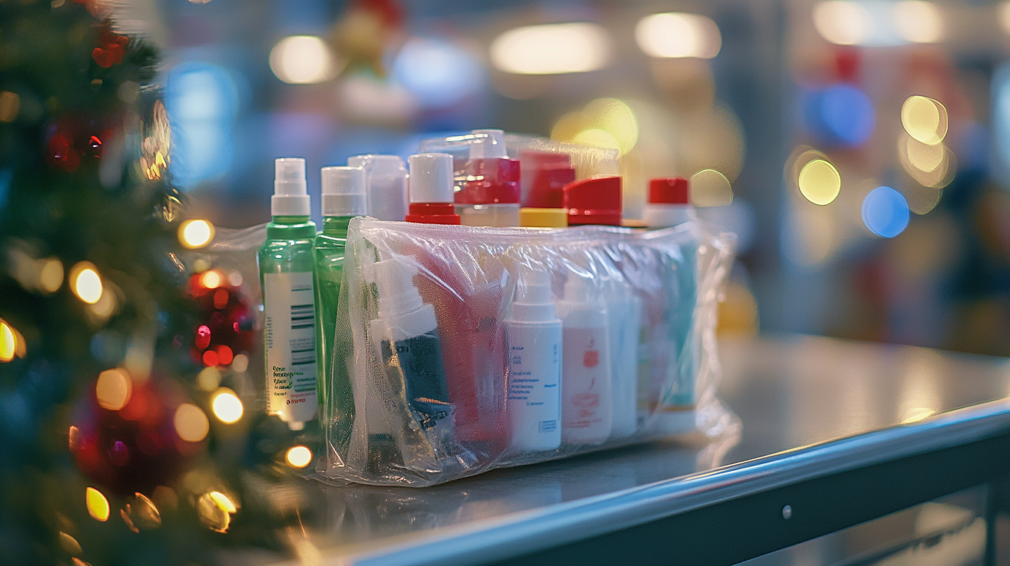 The image shows a clear plastic bag filled with various travel-sized bottles and containers, likely toiletries or personal care products. The background is blurred with colorful bokeh lights, suggesting a festive or holiday setting. A Christmas tree with ornaments is partially visible on the left side.