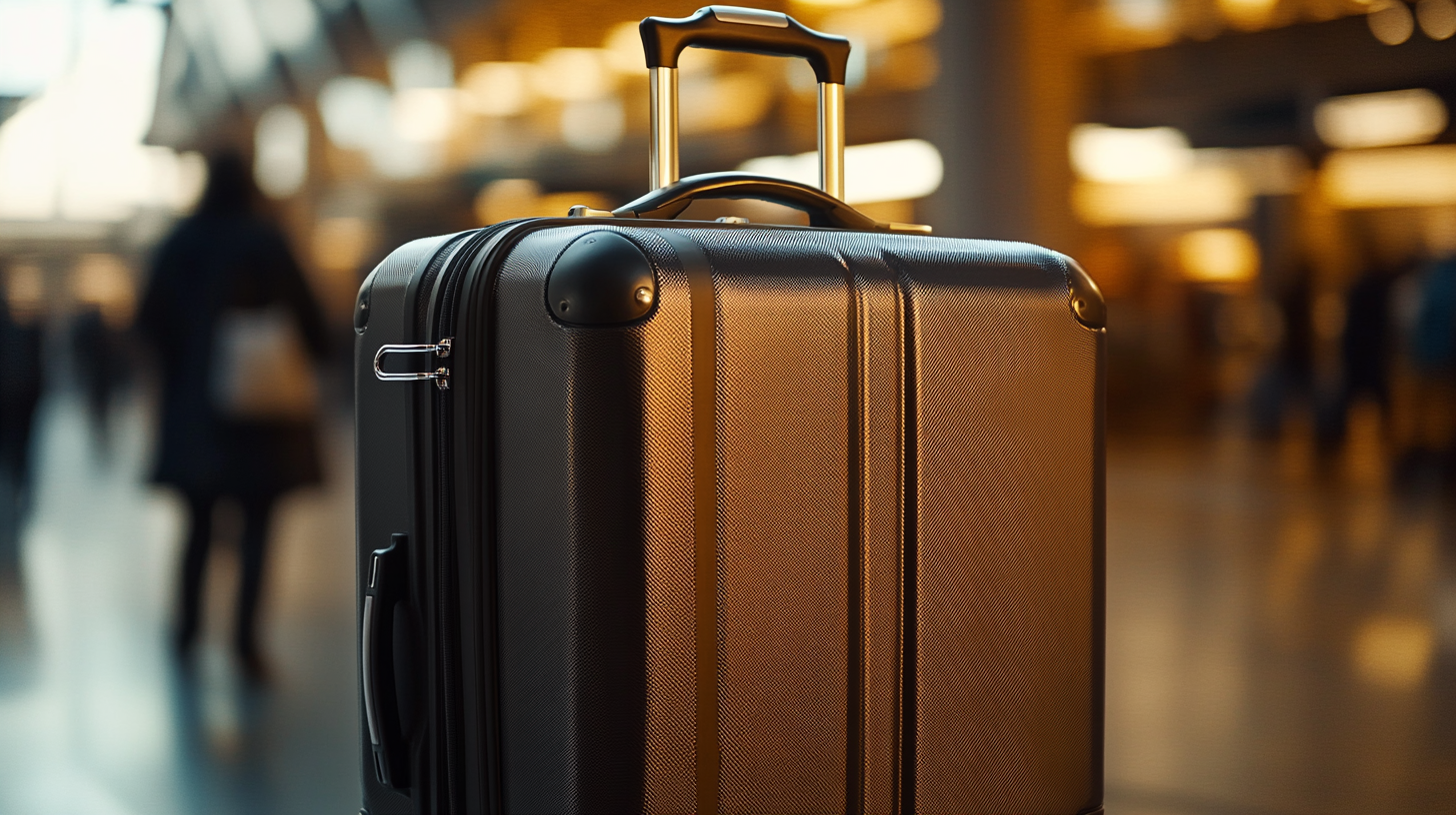 A close-up of a black hard-shell suitcase with a telescopic handle, set in an airport terminal. The background is blurred, showing silhouettes of people and warm lighting.