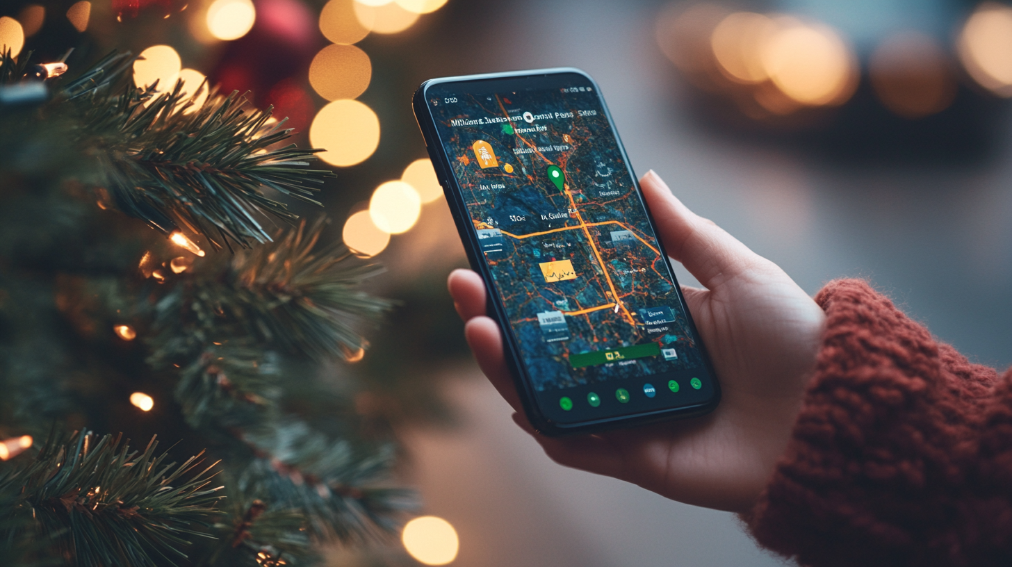 A person is holding a smartphone displaying a map with a route highlighted. The background features blurred, warm holiday lights and a Christmas tree with green branches and small lights. The person is wearing a red knitted sweater.