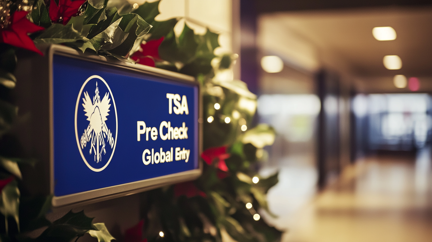 The image shows a sign for "TSA Pre Check Global Entry" in a hallway. The sign is decorated with holiday garlands and lights. The background is blurred, showing a corridor with overhead lighting.