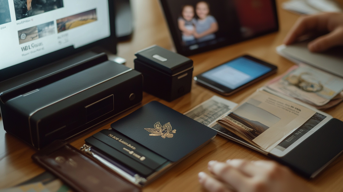 The image shows a desk with various items, including a computer monitor displaying a webpage, a tablet with a photo of two people, a smartphone, a passport with a decorative cover, a wallet, and some documents or brochures. There is also a hand visible on the right side of the image, interacting with a device.