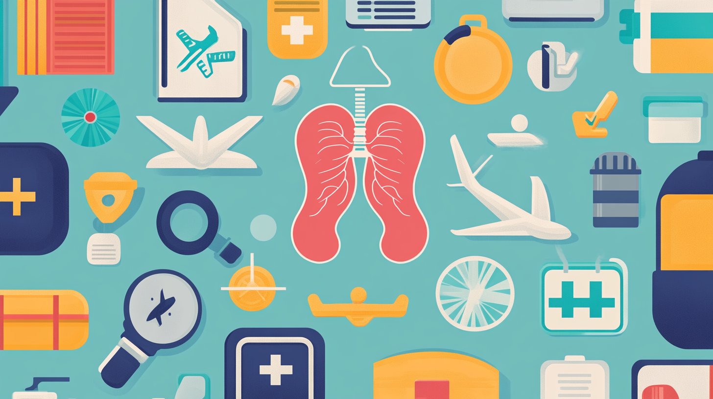 The image is an illustration featuring various travel and medical-related icons on a teal background. Central to the image is a stylized depiction of human lungs. Surrounding the lungs are icons such as airplanes, a magnifying glass, a first aid kit, a medical cross, a clipboard, a compass, and other travel and health symbols. The color scheme includes shades of blue, yellow, and pink.