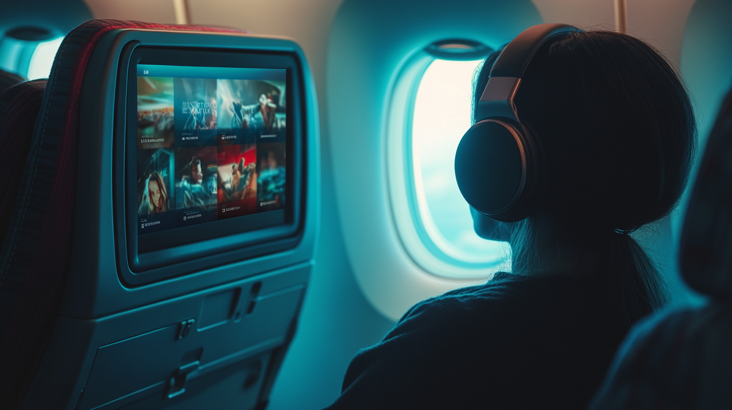 A person wearing headphones is seated on an airplane, watching a screen on the back of the seat in front of them. The screen displays a selection of movies or entertainment options. The airplane window is visible, letting in natural light.