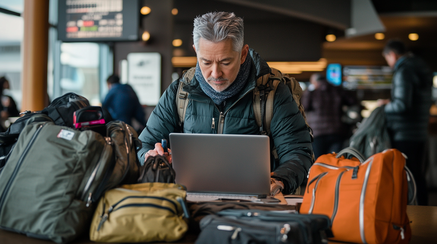 A man with gray hair is sitting at a table in an airport terminal, working on a laptop. He is wearing a dark green jacket and a scarf, with a backpack on his shoulders. Several bags, including an orange one, are placed on the table around him. In the background, there are blurred figures of other people and a flight information board.