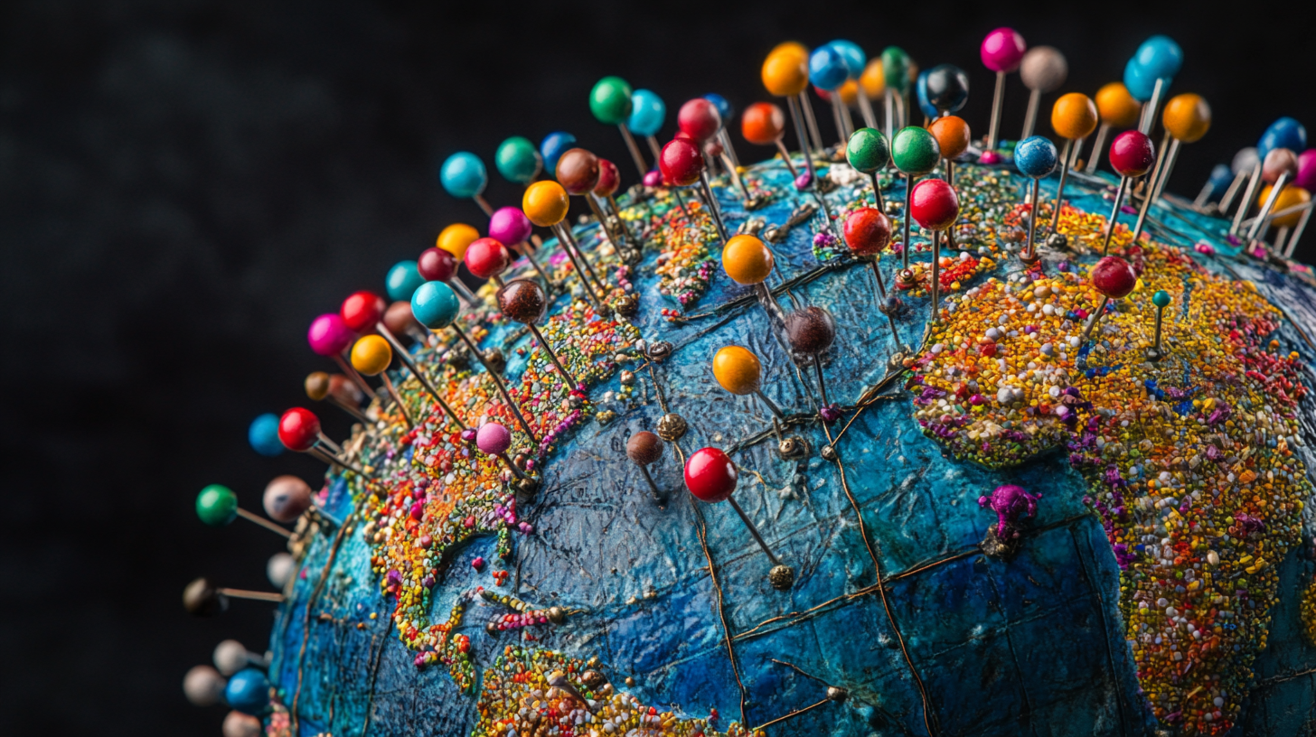 A close-up of a globe covered with colorful pins and small beads. The pins are placed across various locations, and the beads create a textured, vibrant representation of the continents. The background is dark, highlighting the vivid colors on the globe.