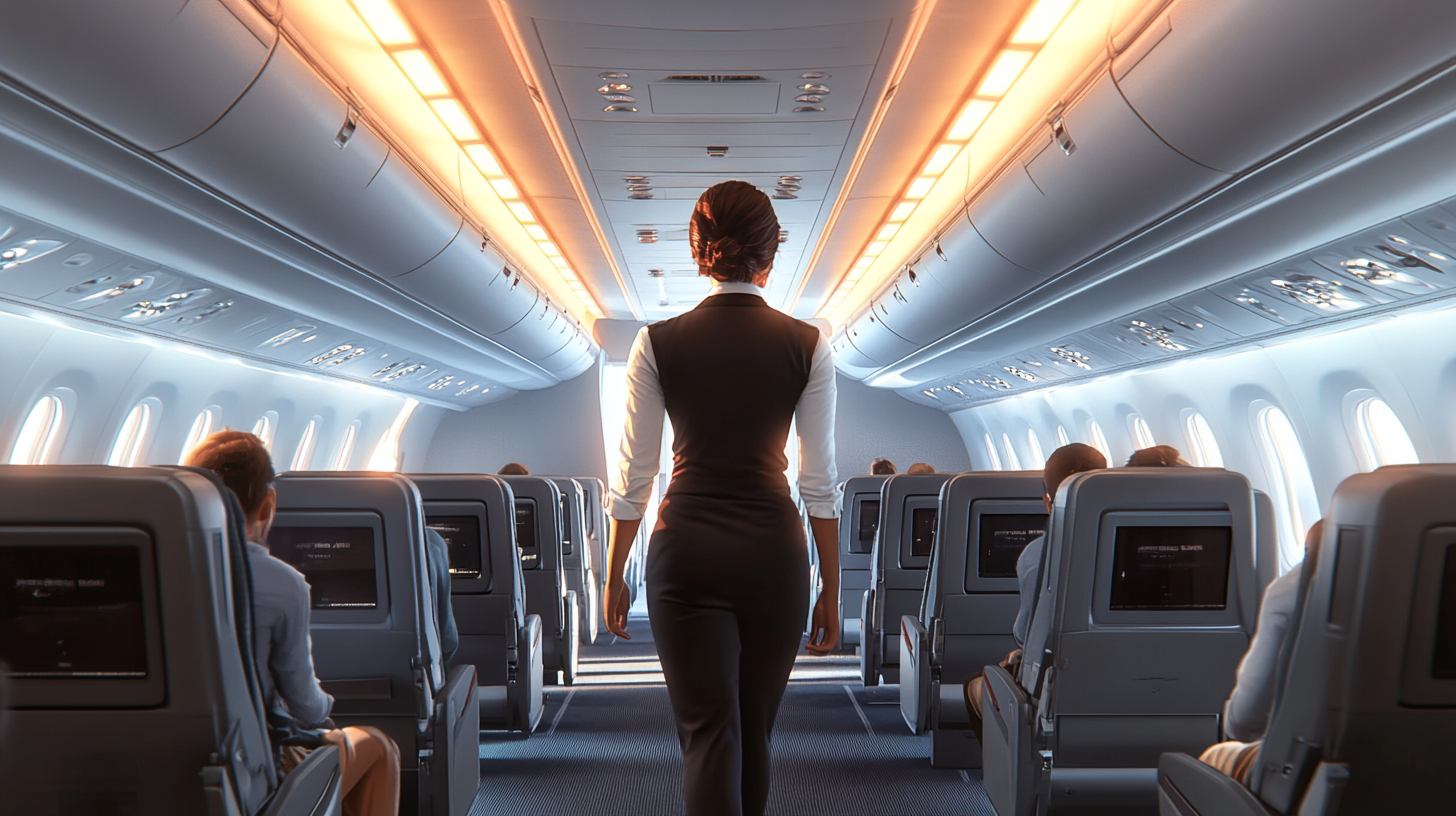 A flight attendant is walking down the aisle of an airplane cabin. The cabin is well-lit with overhead lights, and passengers are seated on both sides, with personal screens on the back of each seat. The interior has a modern design with large windows.