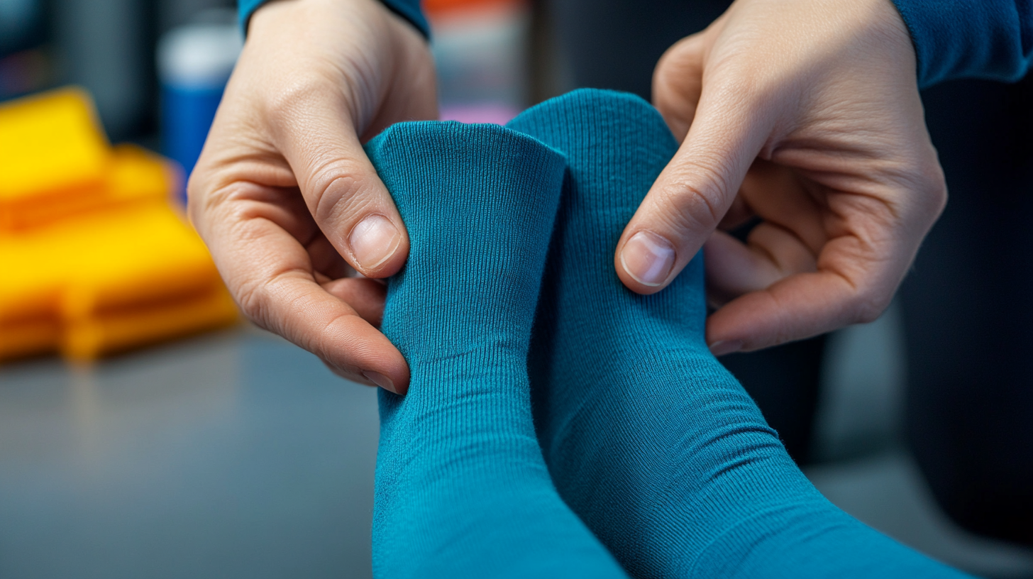 A person is holding a pair of teal socks, stretching them slightly. The background is blurred, with some yellow objects visible.