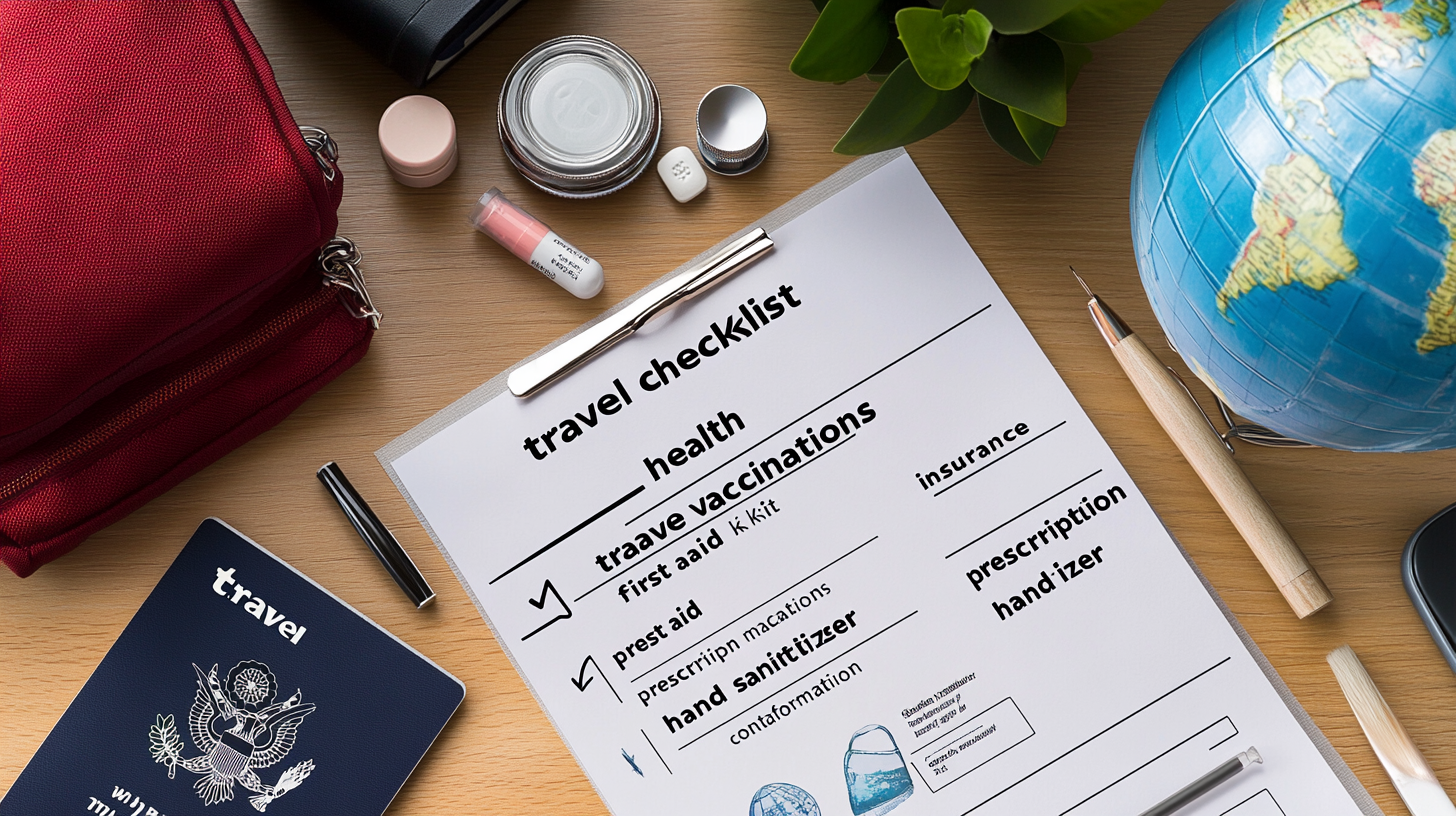 The image shows a travel-themed flat lay on a wooden surface. There is a travel checklist on a clipboard with items like "travel vaccinations," "first aid kit," and "hand sanitizer" listed. Surrounding the checklist are various travel-related items, including a red zippered bag, a passport, a pen, a small globe, a plant, a jar of cream, a lipstick, a pill, and a small container.