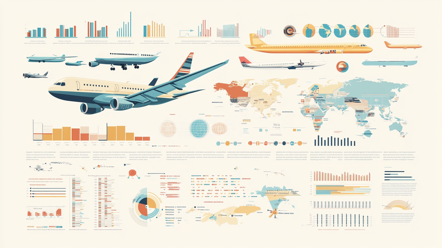 The image is an infographic featuring various airplanes and a world map. It includes multiple charts and graphs, such as bar graphs, pie charts, and line graphs, displaying data related to aviation. The airplanes are illustrated in different styles and sizes, and the world map is color-coded, possibly indicating different regions or data points. The overall design is colorful and visually organized to convey complex information about aviation statistics or trends.